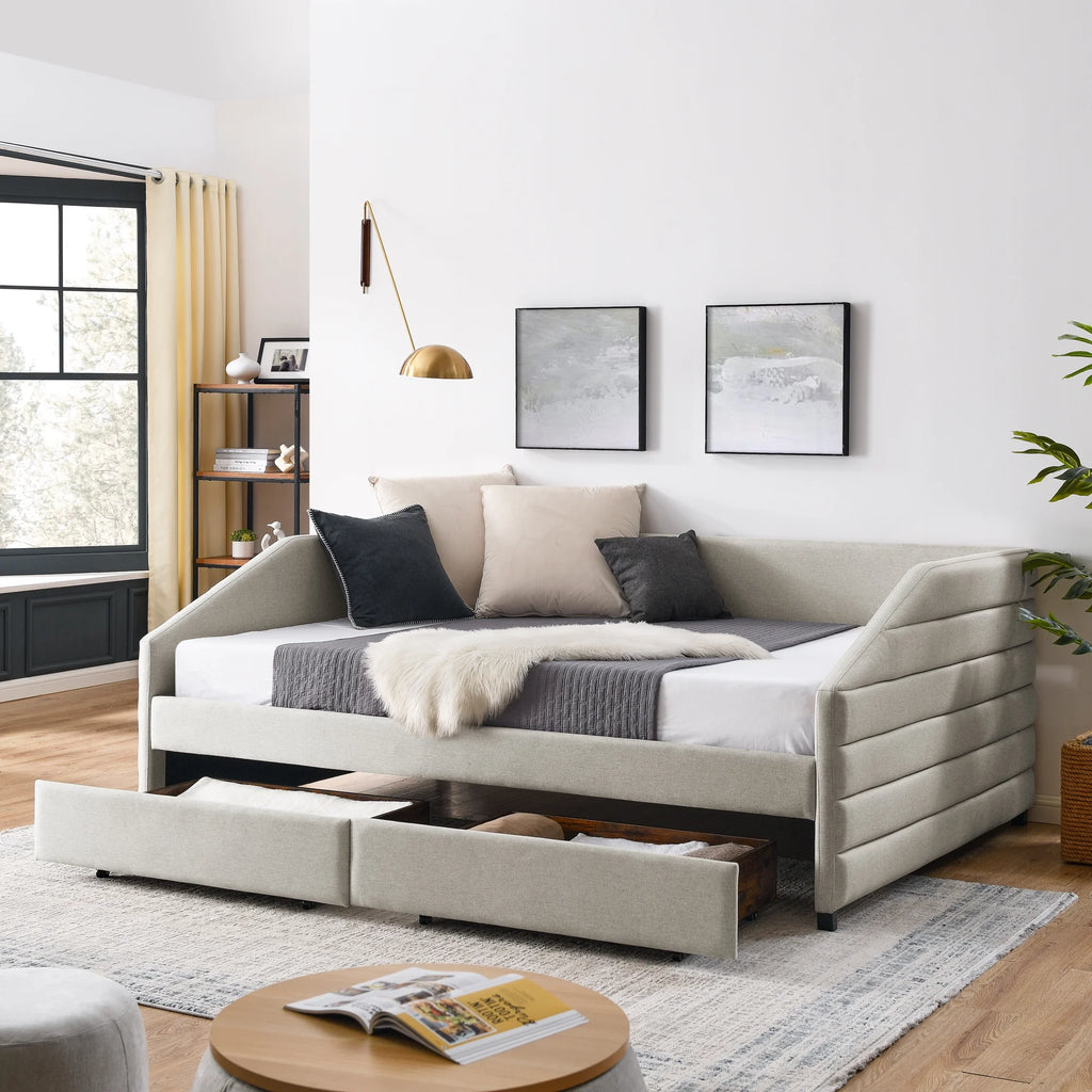 Queen Size Beige Linen Upholstered Daybed with Trundle G124036