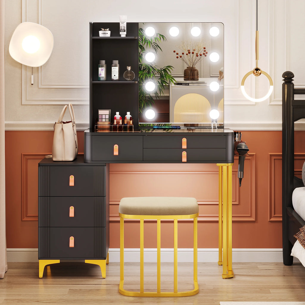 Black Makeup Vanity Desk Set with Mirror and Led Lights R44632