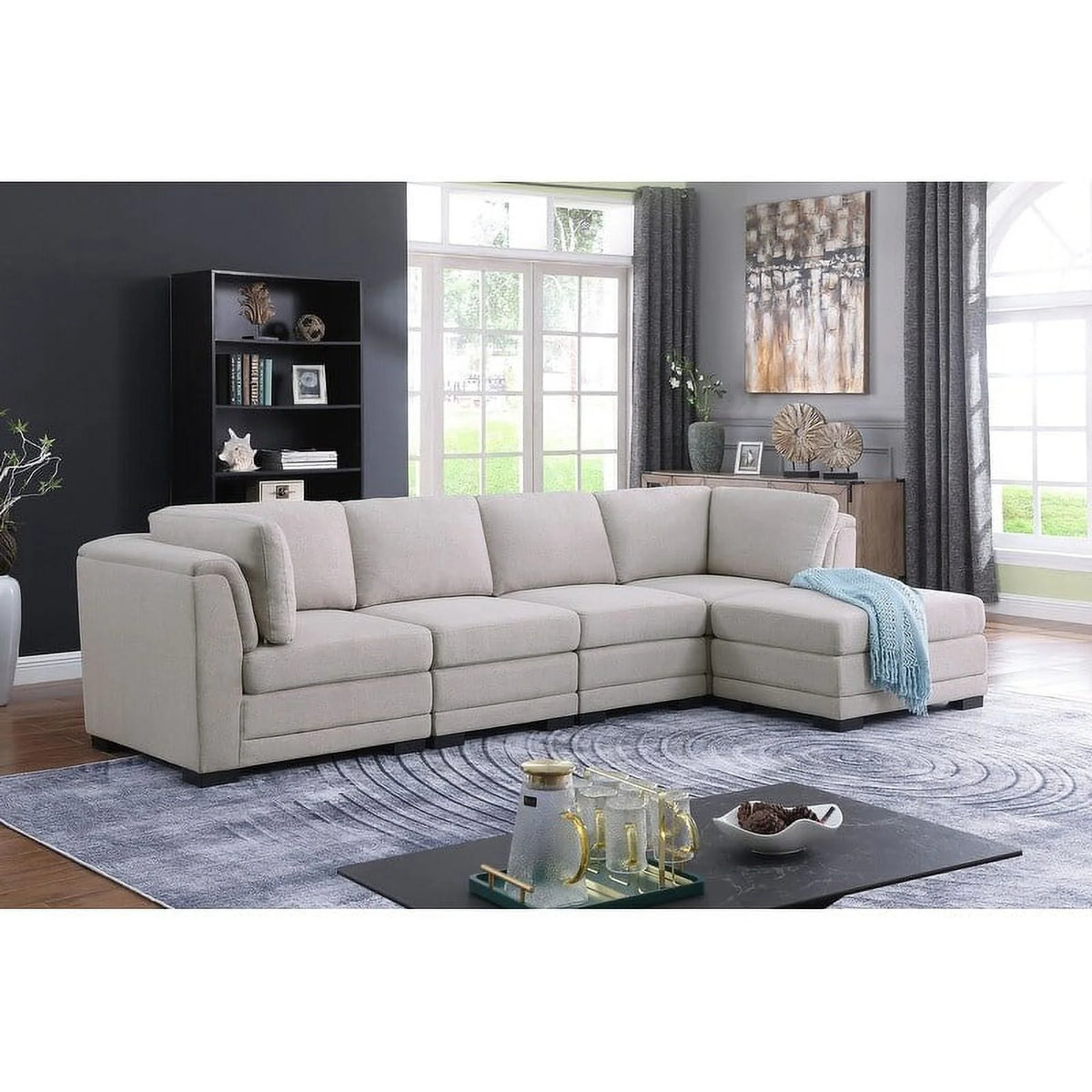 Light Gray Linen Reversible Sectional Sofa with Ottoman M68837