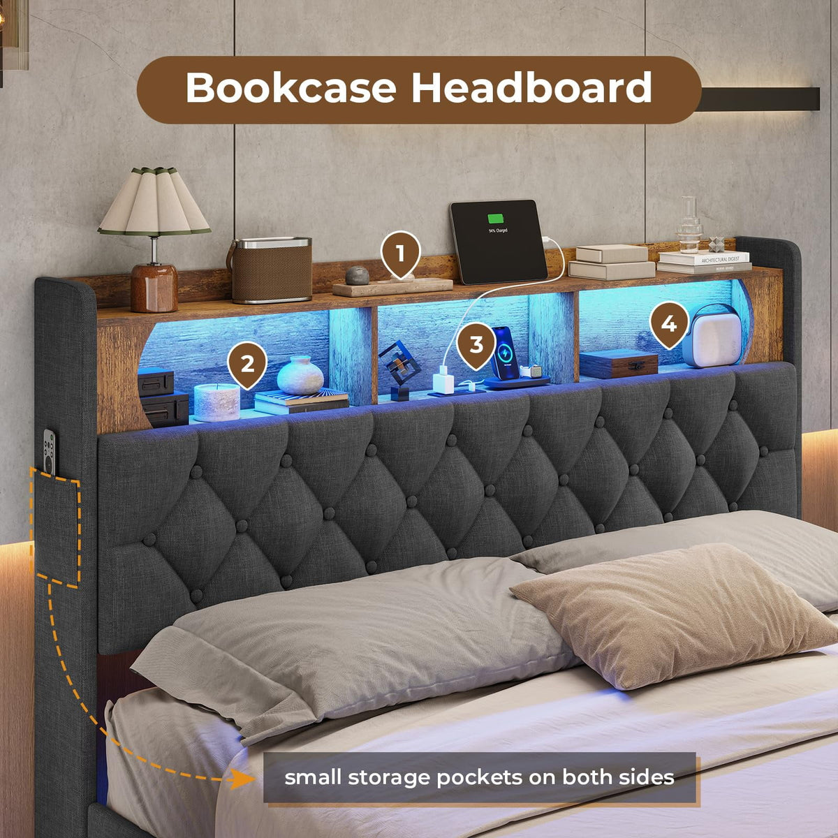 Full Size Floating Bed Frame with Charging Station and LED Lights C83682