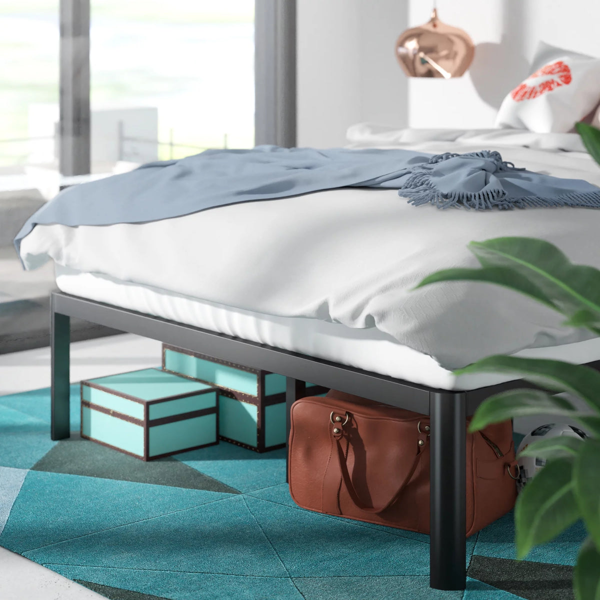 16" Metal Platform Bed Frame with Steel Slats, Twin N880