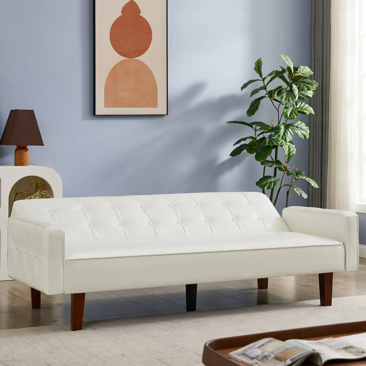 White Faux Leather Button Tufted Convertible Sleeper Sofa Bed N2725