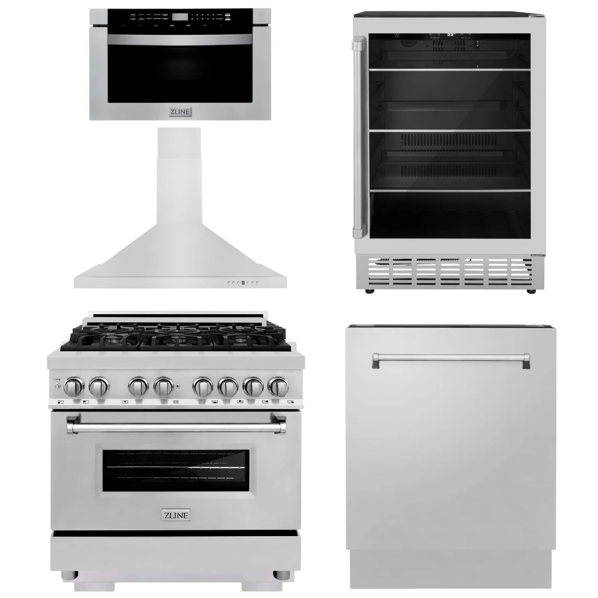 36 Dual Fuel Range, Range Hood, Microwave Drawer, Dishwasher and Beverage Fridge X513
