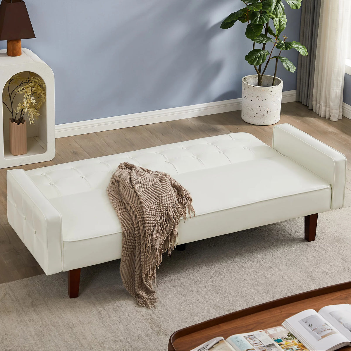White Faux Leather Button Tufted Convertible Sleeper Sofa Bed N2725