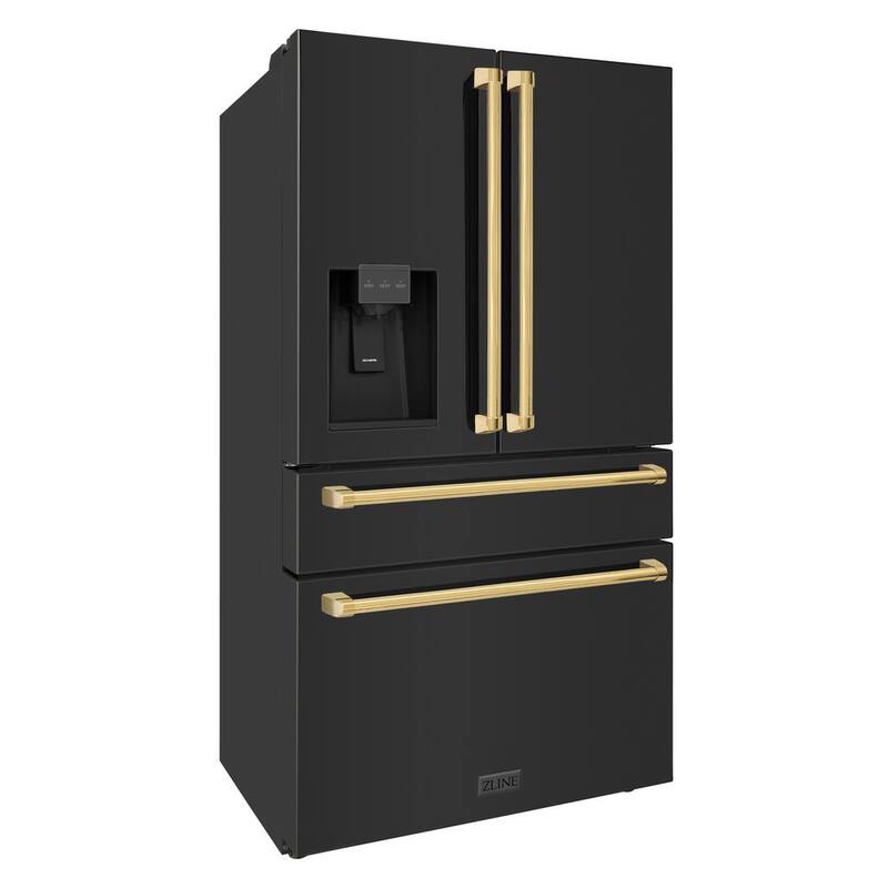 36 in. 4-Door French Door Refrigerator with Ice & Water Dispenser in Black Stainless & Polished Gold J4757