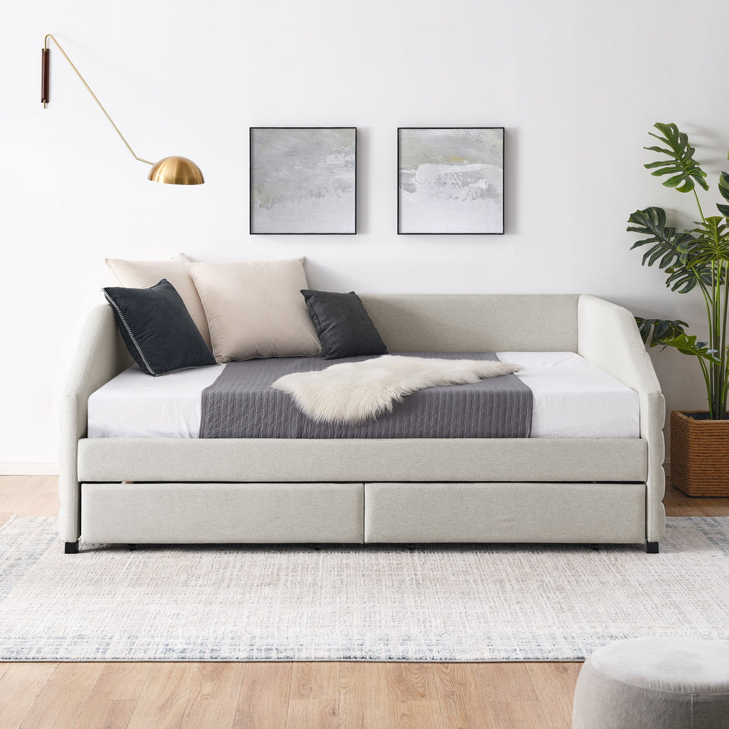 Queen Size Beige Linen Upholstered Daybed with Trundle G124036
