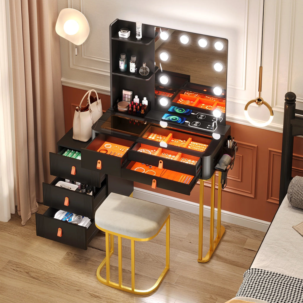 Black Makeup Vanity Desk Set with Mirror and Led Lights R44632