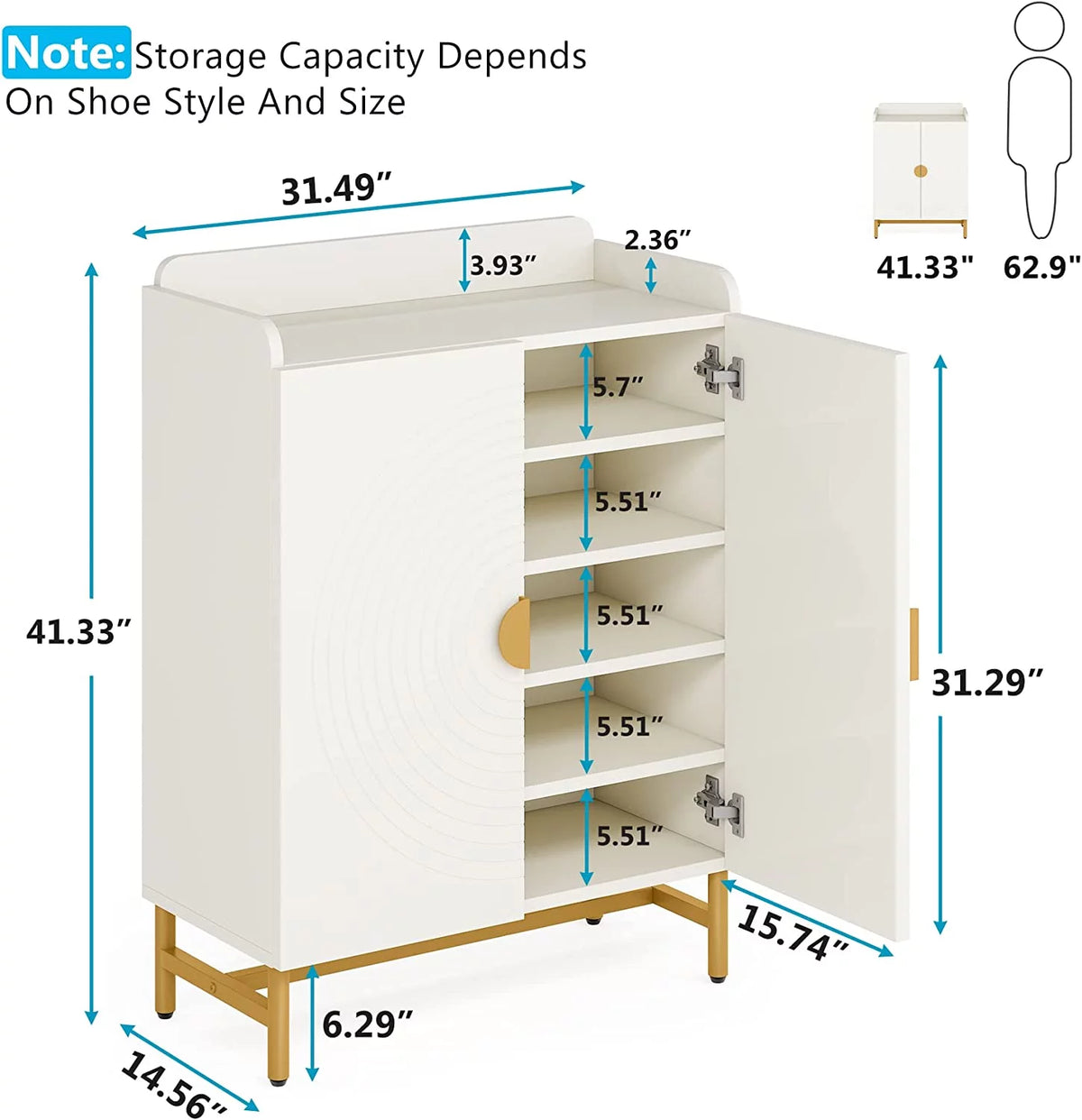 White Wood Shoe Storage Cabinet with Doors and Adjustable Shelves V6435
