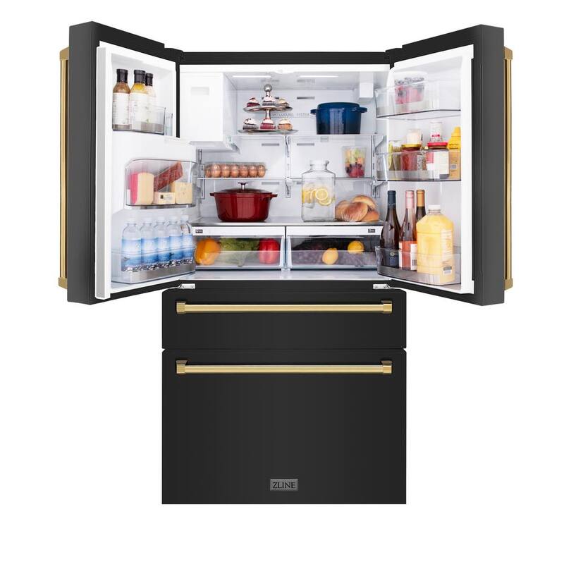 36 in. 4-Door French Door Refrigerator with Ice & Water Dispenser in Black Stainless & Polished Gold J4757