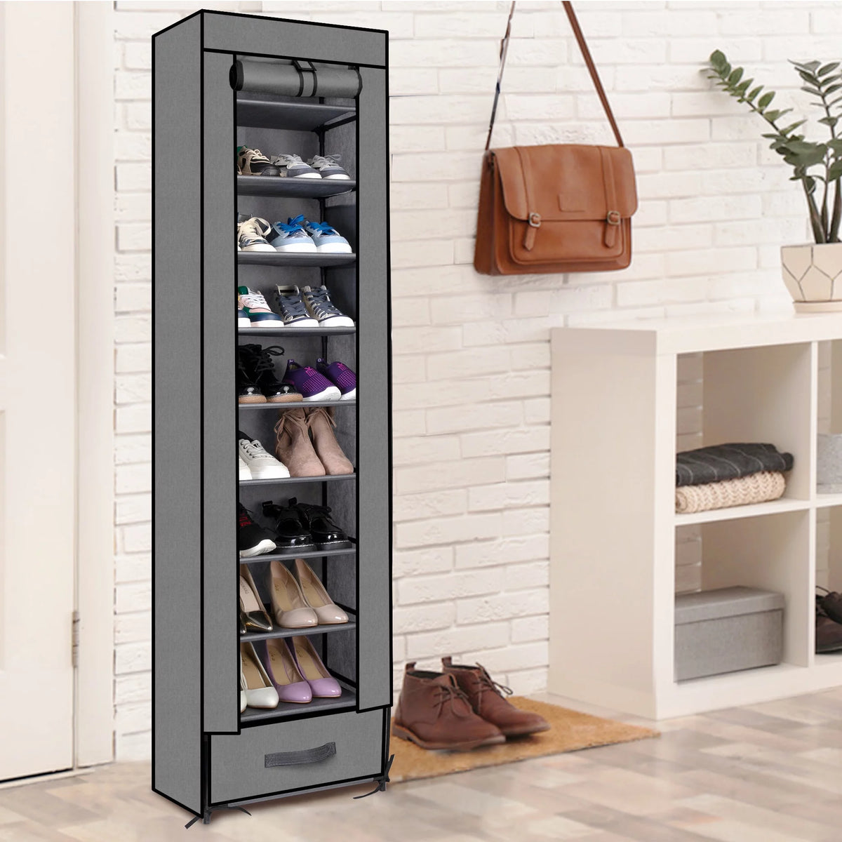 10 Tier Grey Shoe Rack with Storage Box E999