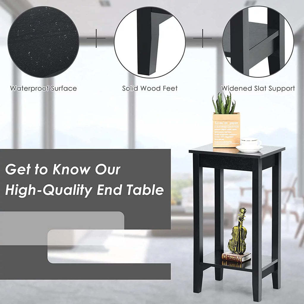 Black 2-Tier End Table Set of 2 with Wooden Legs W48724