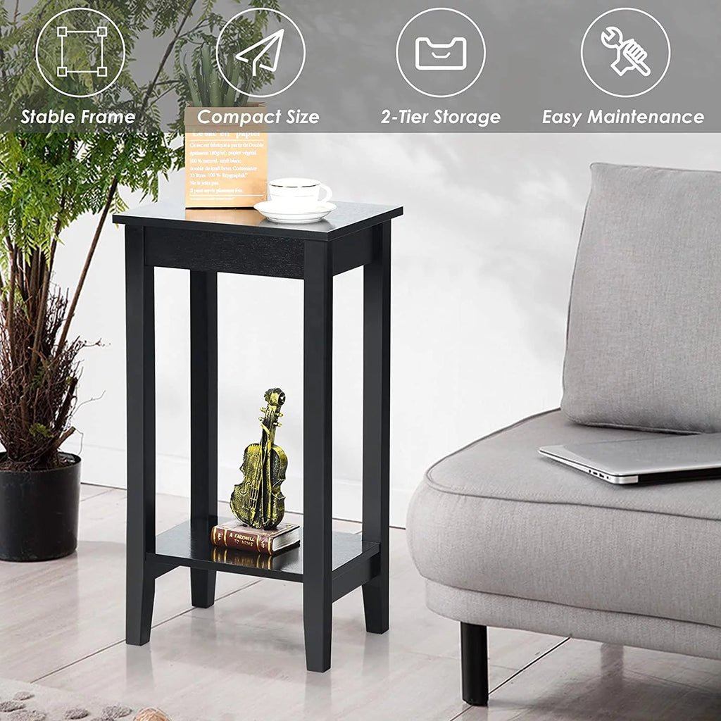 Black 2-Tier End Table Set of 2 with Wooden Legs W48724