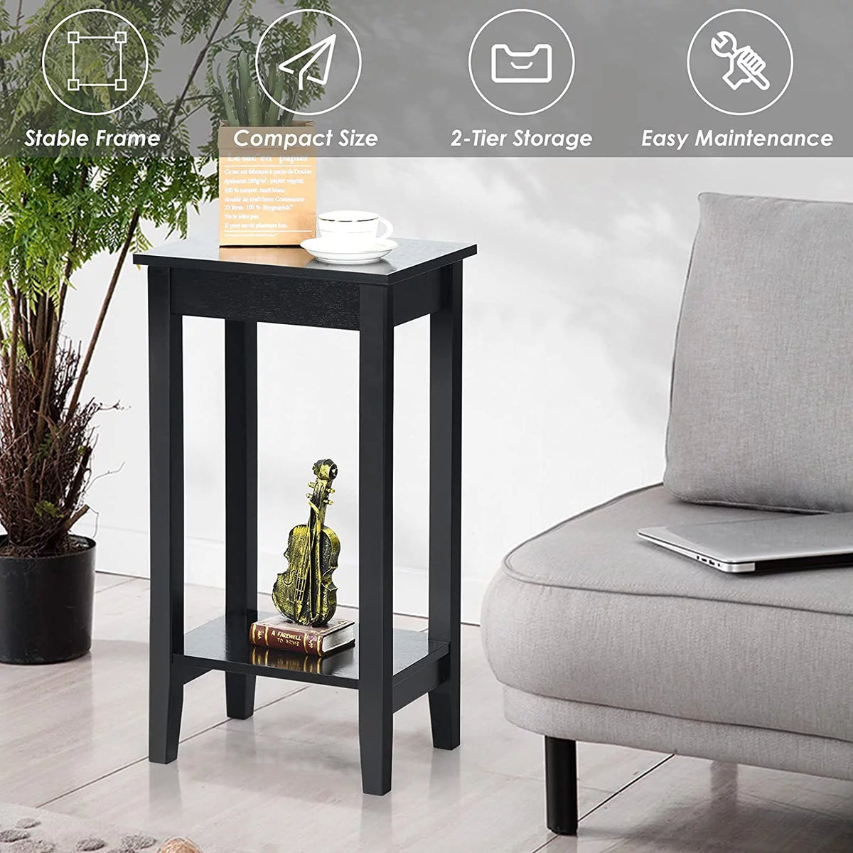 Black 2-Tier End Table Set of 2 with Wooden Legs W48724