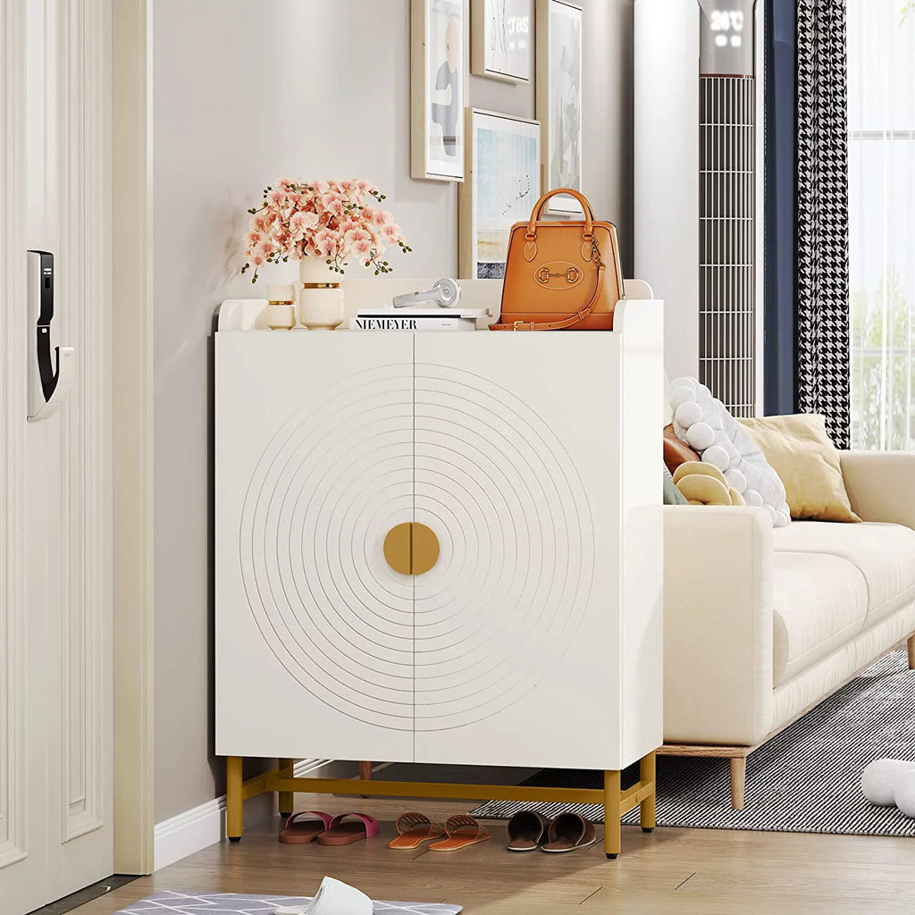 White Wood Shoe Storage Cabinet with Doors and Adjustable Shelves V6435