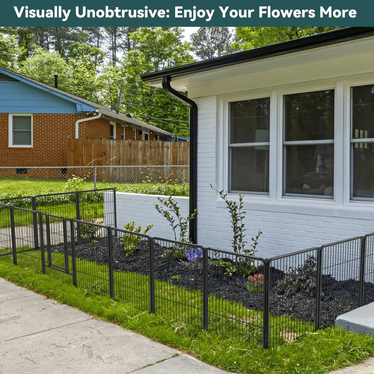 8 Panel Black Metal Garden Fence with Gate U7223