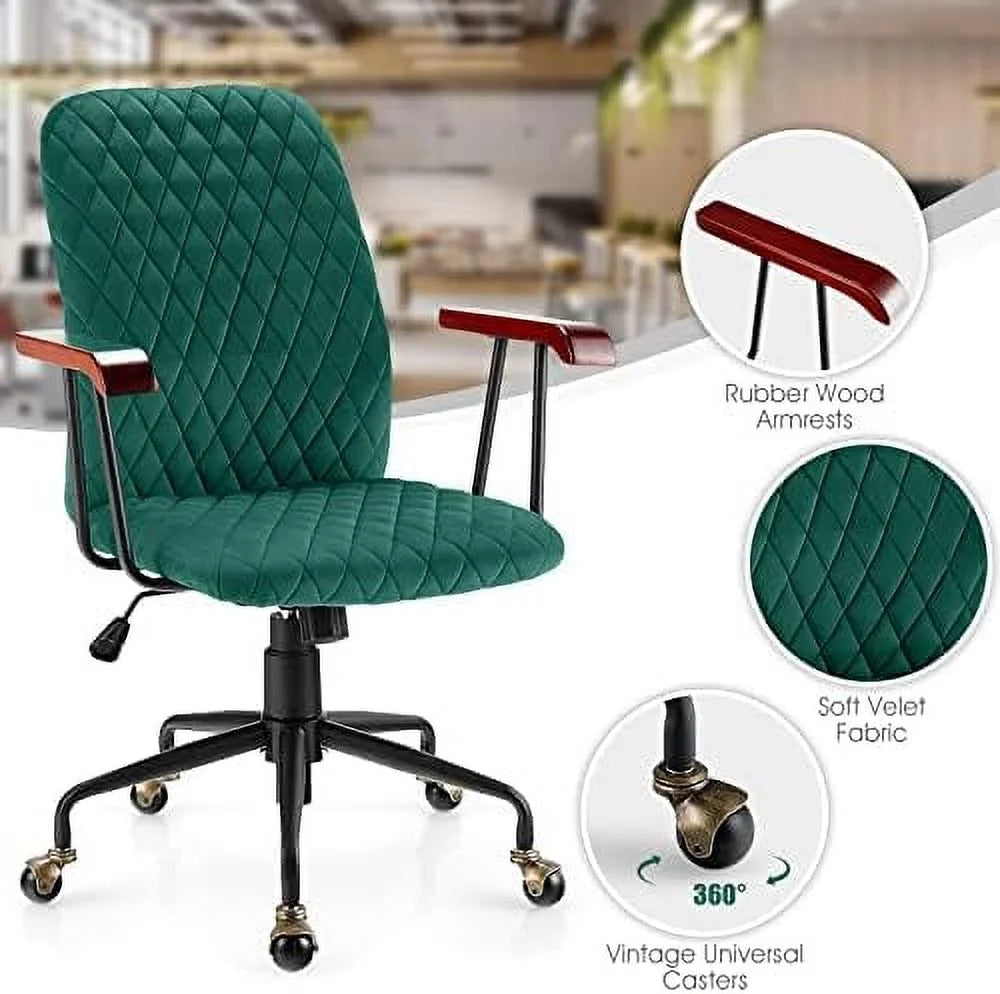 White Velvet Upholstered Office Chair with Rubber Wood Armrests T770