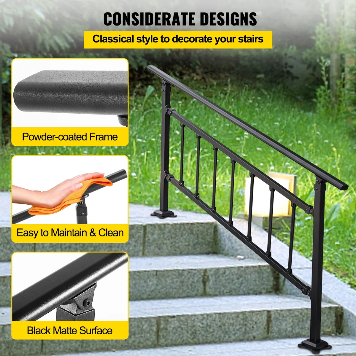 Outdoor Stair Handrail, Adjustable Wrought Iron, Matte Black B143998