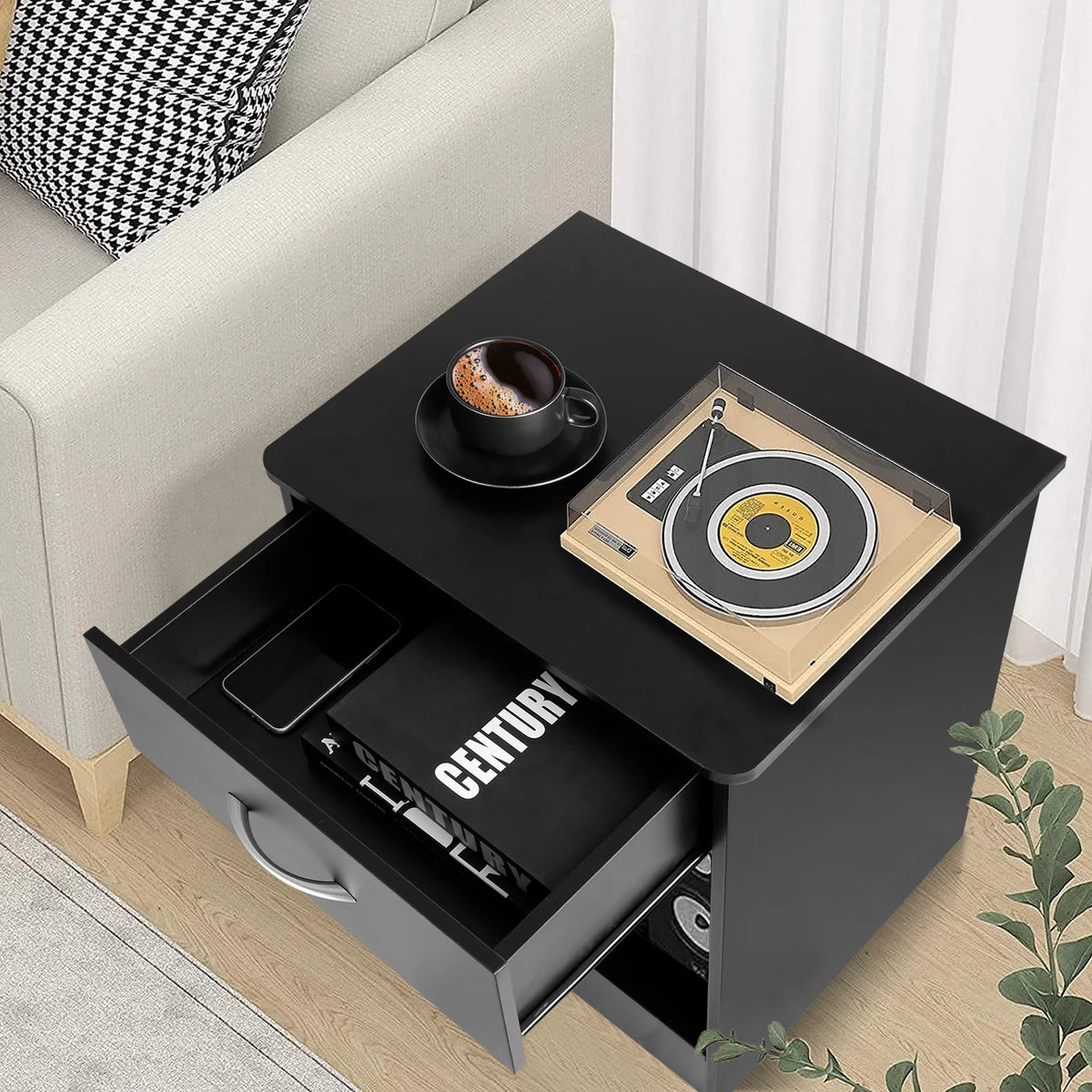 Black 2pcs Wood Nightstand with Drawer F89951