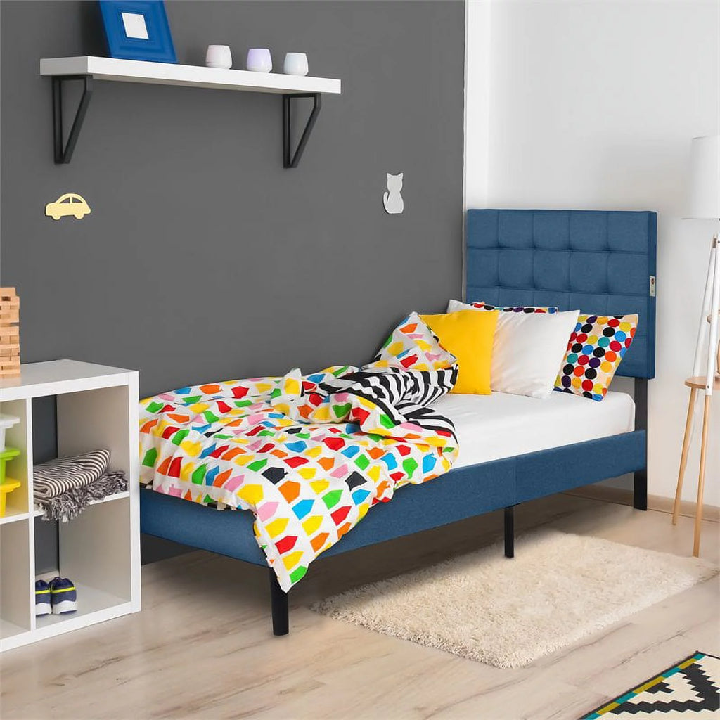 Dark Blue Tufted Fabric Twin LED Panel Bed M13791