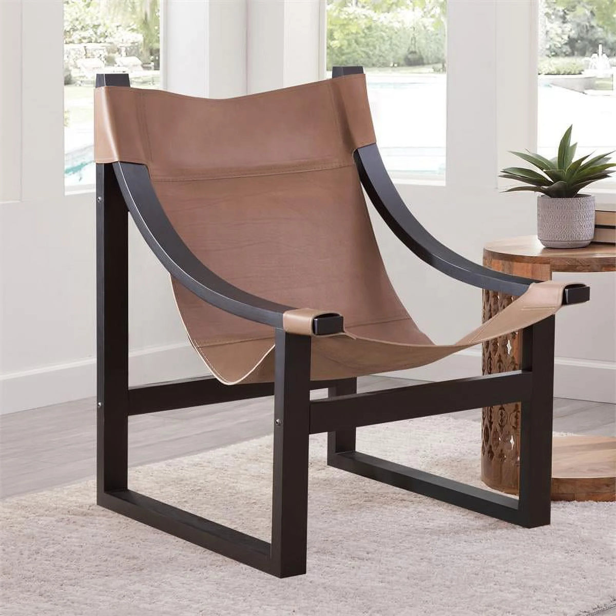 Natural Top Grain Leather Sling Chair with Solid Wood Frame in Black O4938