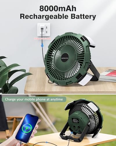 Camping Fan with LED Lantern, 8000mAh Rechargeable Battery Powered Tent Fan with Remote, 4 Speed D97836