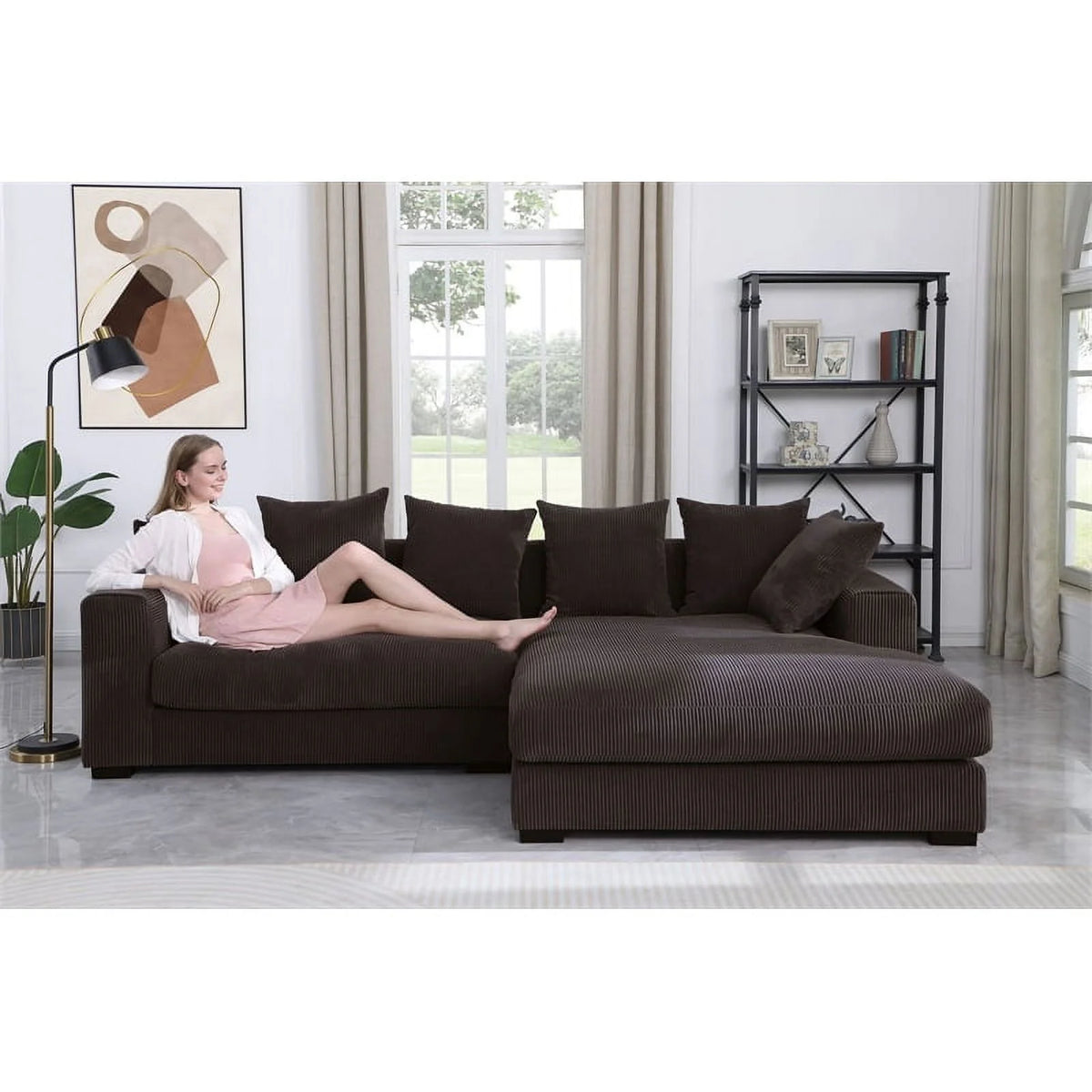Brown Corduroy Upholstered Sectional Sofa with Chaise X577