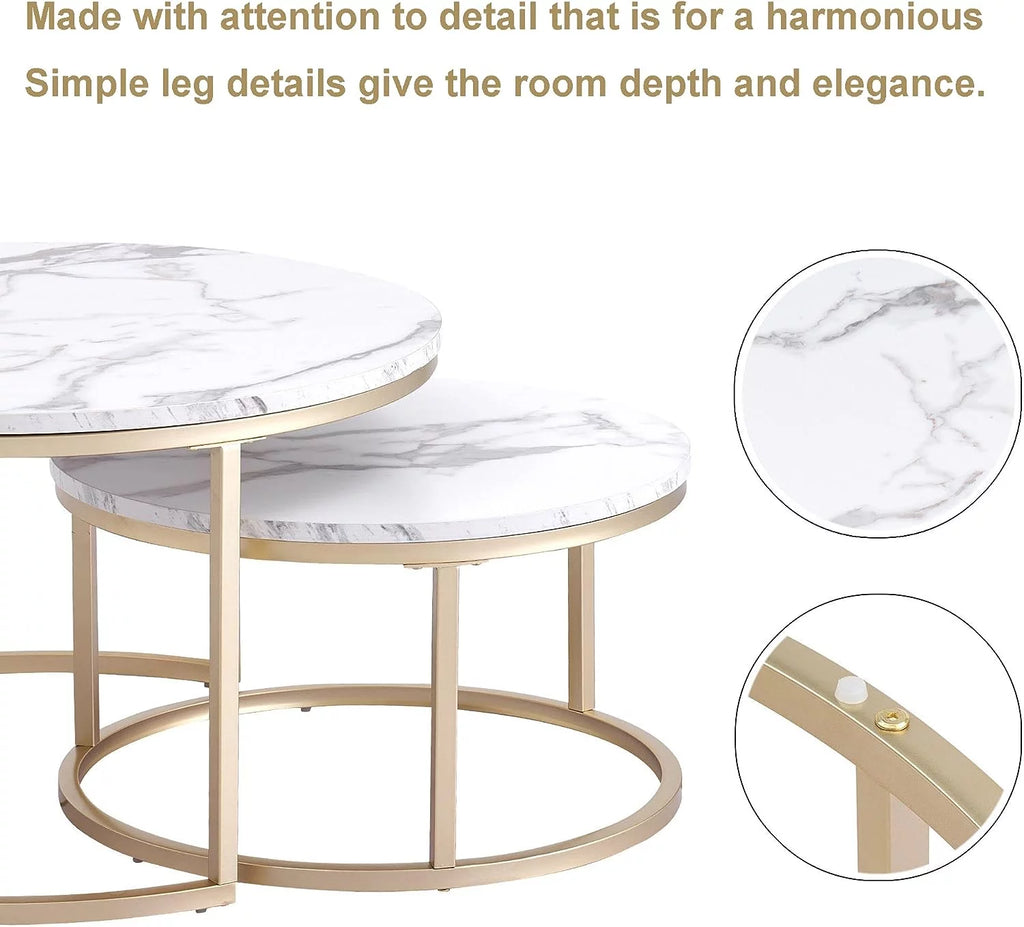 Round Nesting Coffee Tables Set of 2 Marble Black Metal V9914
