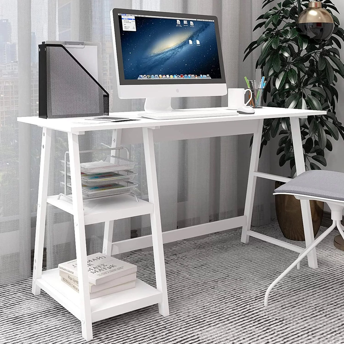 51" White Desk with 2-Tier Storage Bookshelves H342614