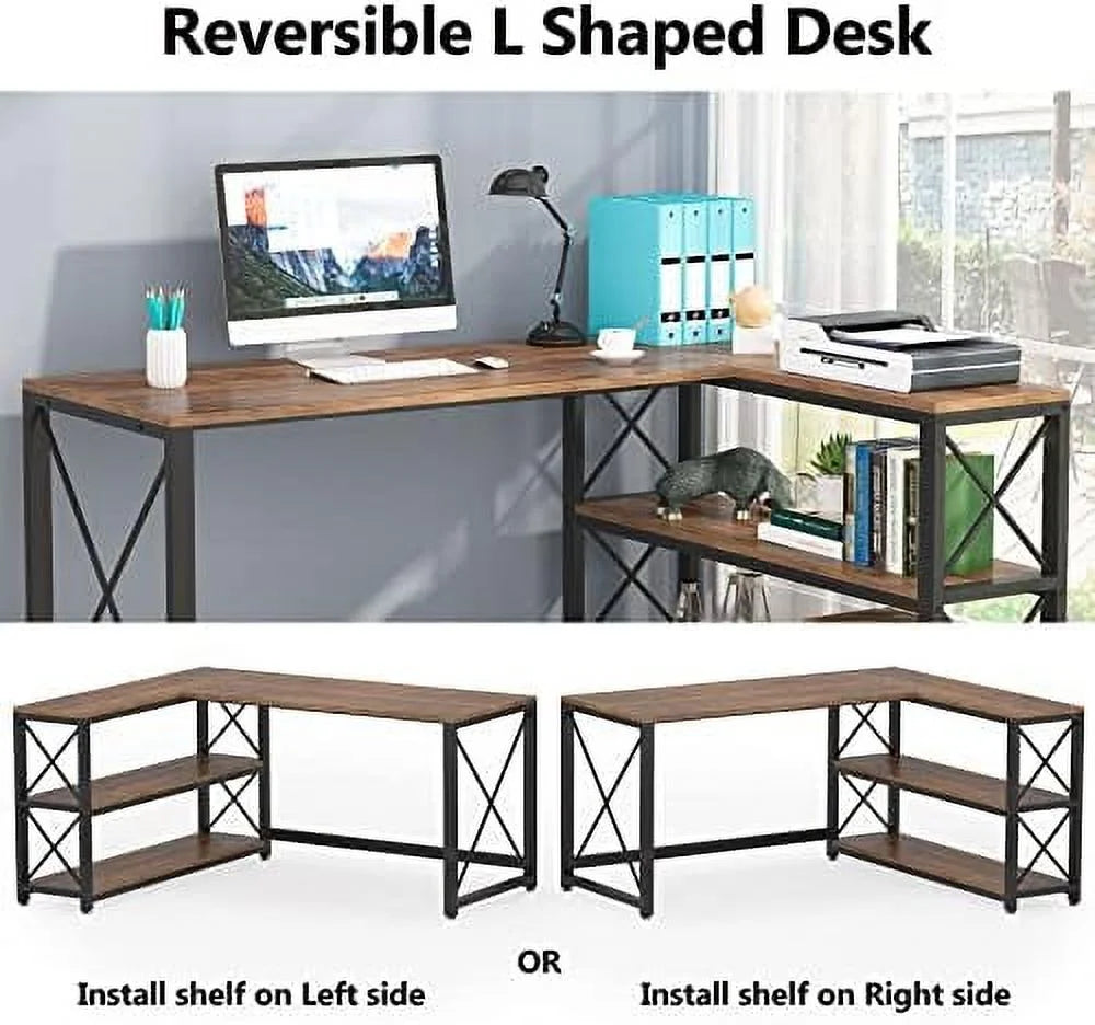 Reversible L-Shaped Corner Computer Desk with Shelves V910872