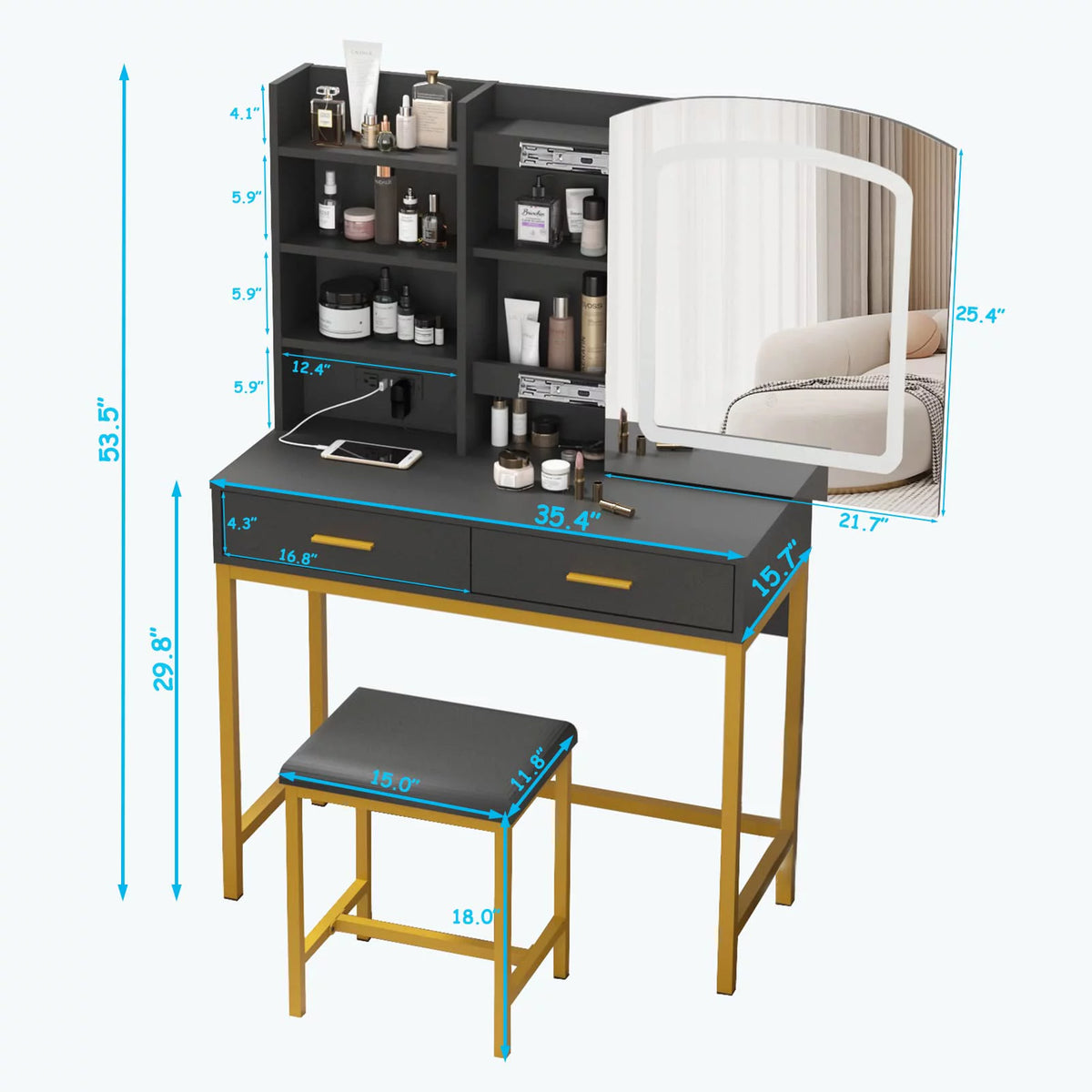 35 inch Vanity Desk with Lighted Mirror and Drawers R8120