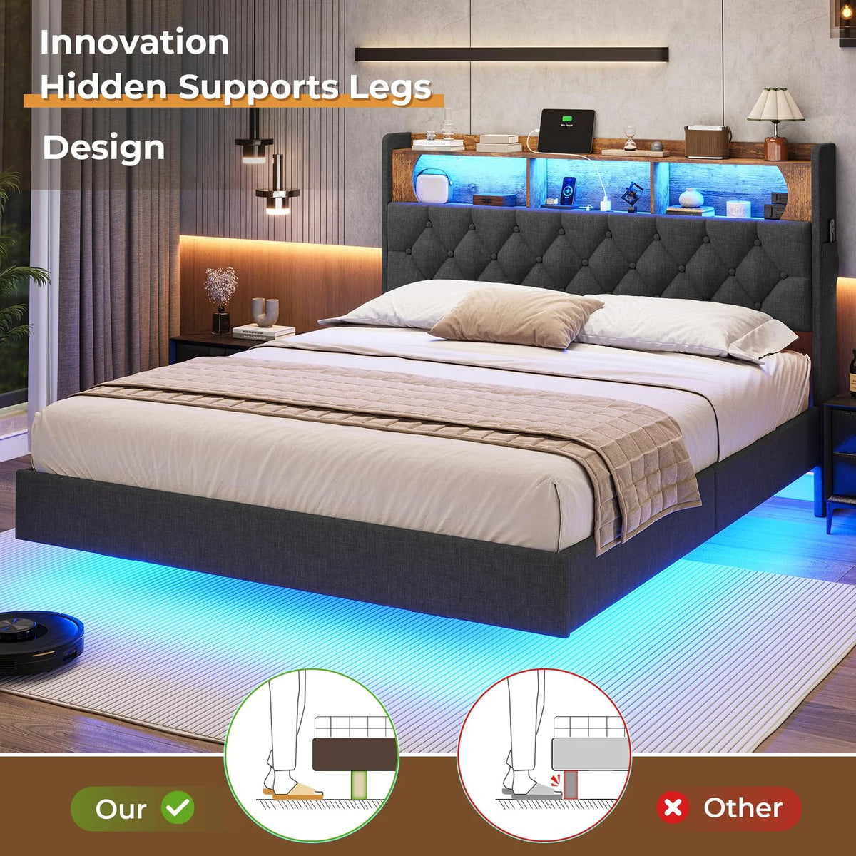 Full Size Floating Bed Frame with Charging Station and LED Lights C83682