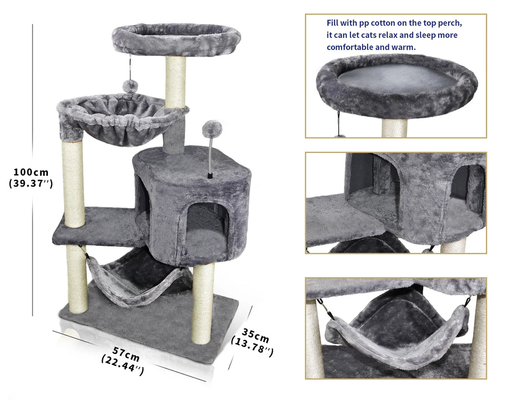 39.37" Cat Tree Cat Tower with Condo and Hammock V68115