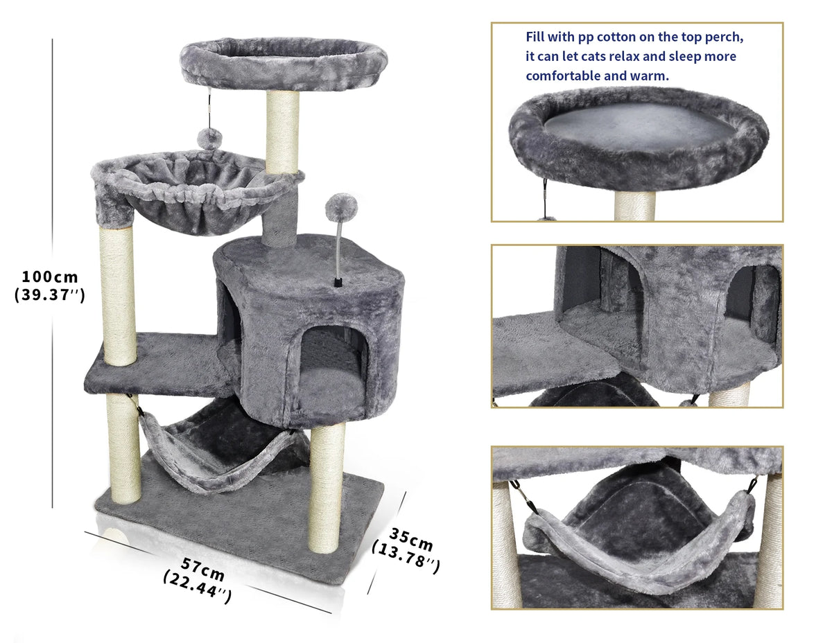 39.37" Cat Tree Cat Tower with Condo and Hammock V68115