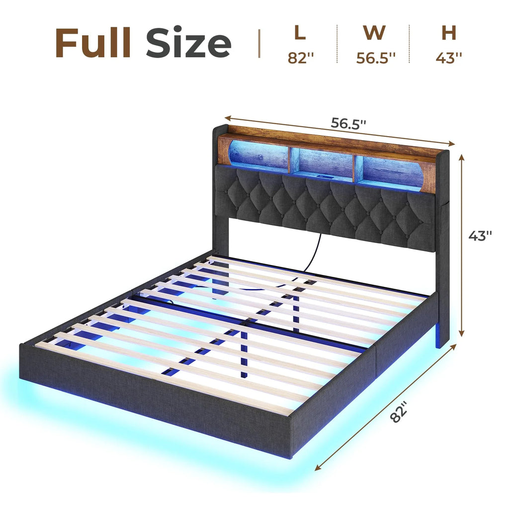 Full Size Floating Bed Frame with Charging Station and LED Lights C83682